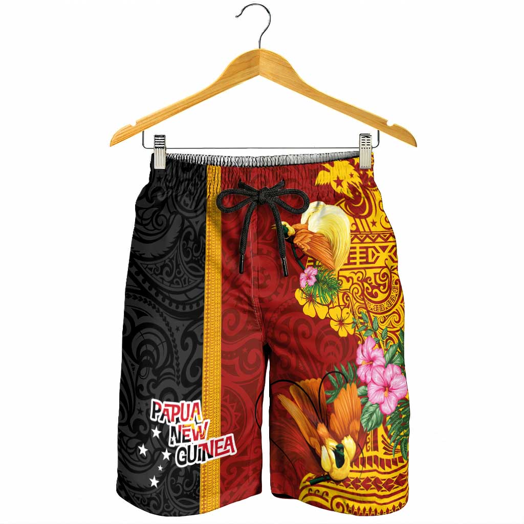 Papua New Guinea Shorts for Men Birds-of-Paradise Melanesian Tattoos Tropical Plants LT03 - Polynesian Pride