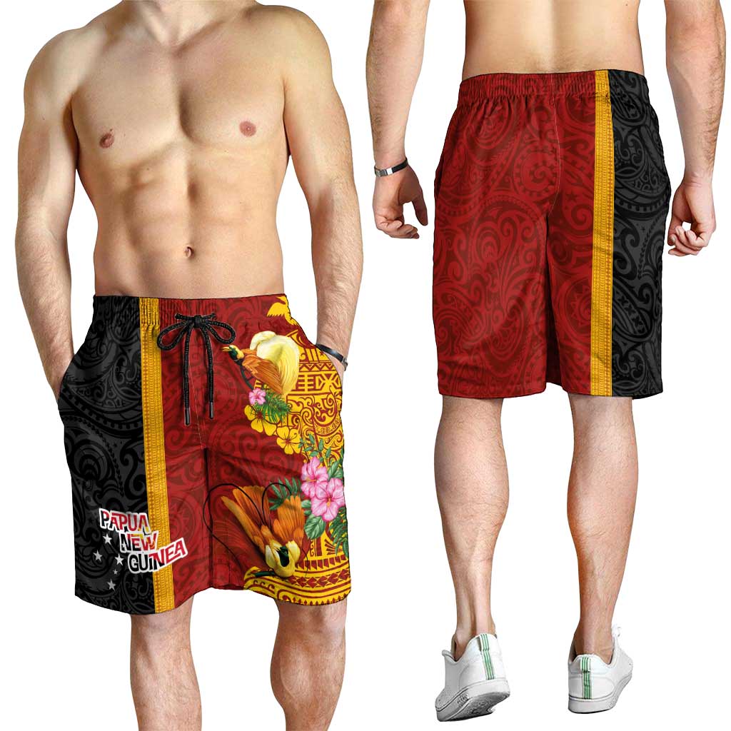 Papua New Guinea Shorts for Men Birds-of-Paradise Melanesian Tattoos Tropical Plants LT03 - Polynesian Pride