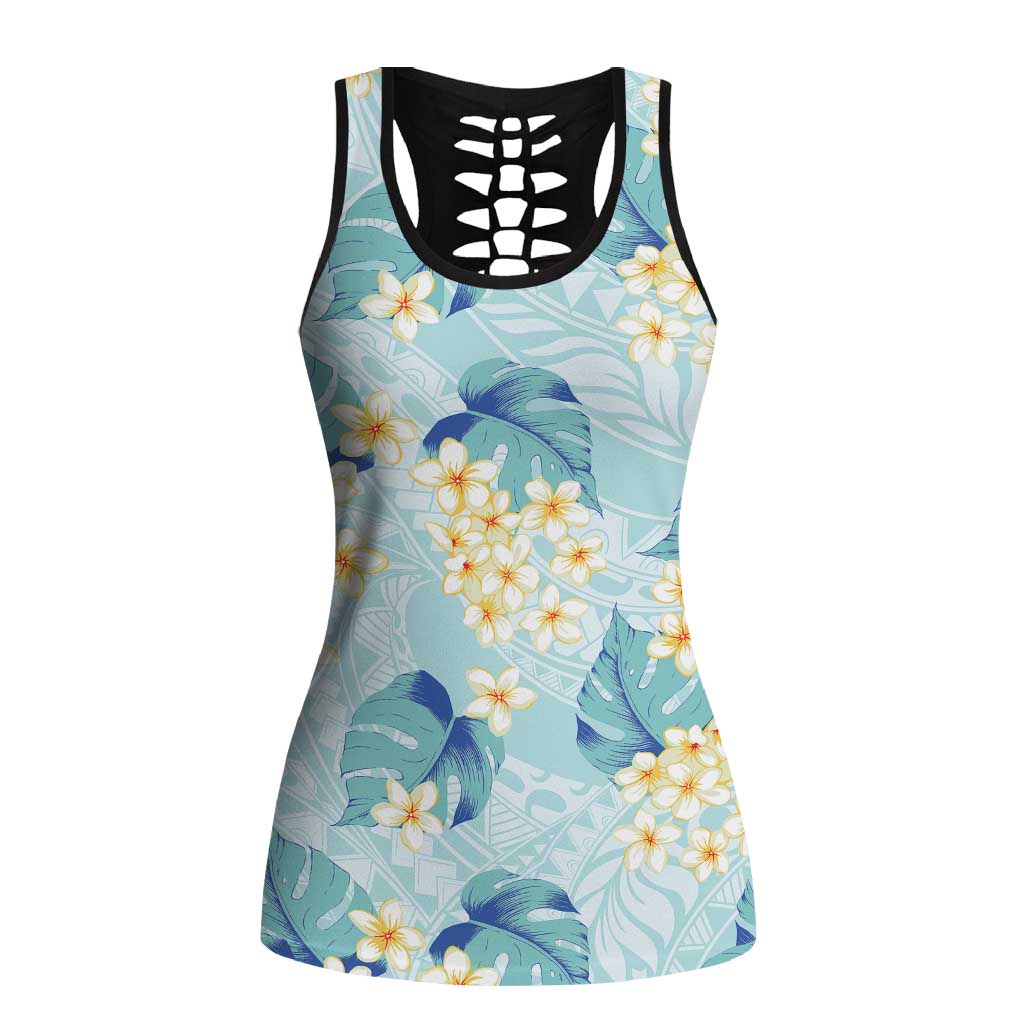 Pastel Cyan Tropical Hawaii Hollow Tank Top Seamless Monstera Plumeria Hawaiian Pattern - Polynesian Pride