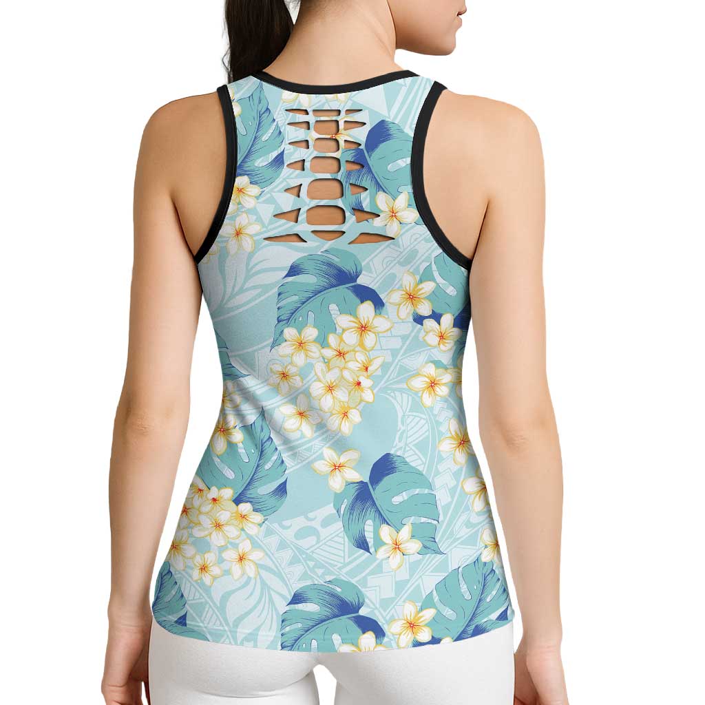 Pastel Cyan Tropical Hawaii Hollow Tank Top Seamless Monstera Plumeria Hawaiian Pattern - Polynesian Pride