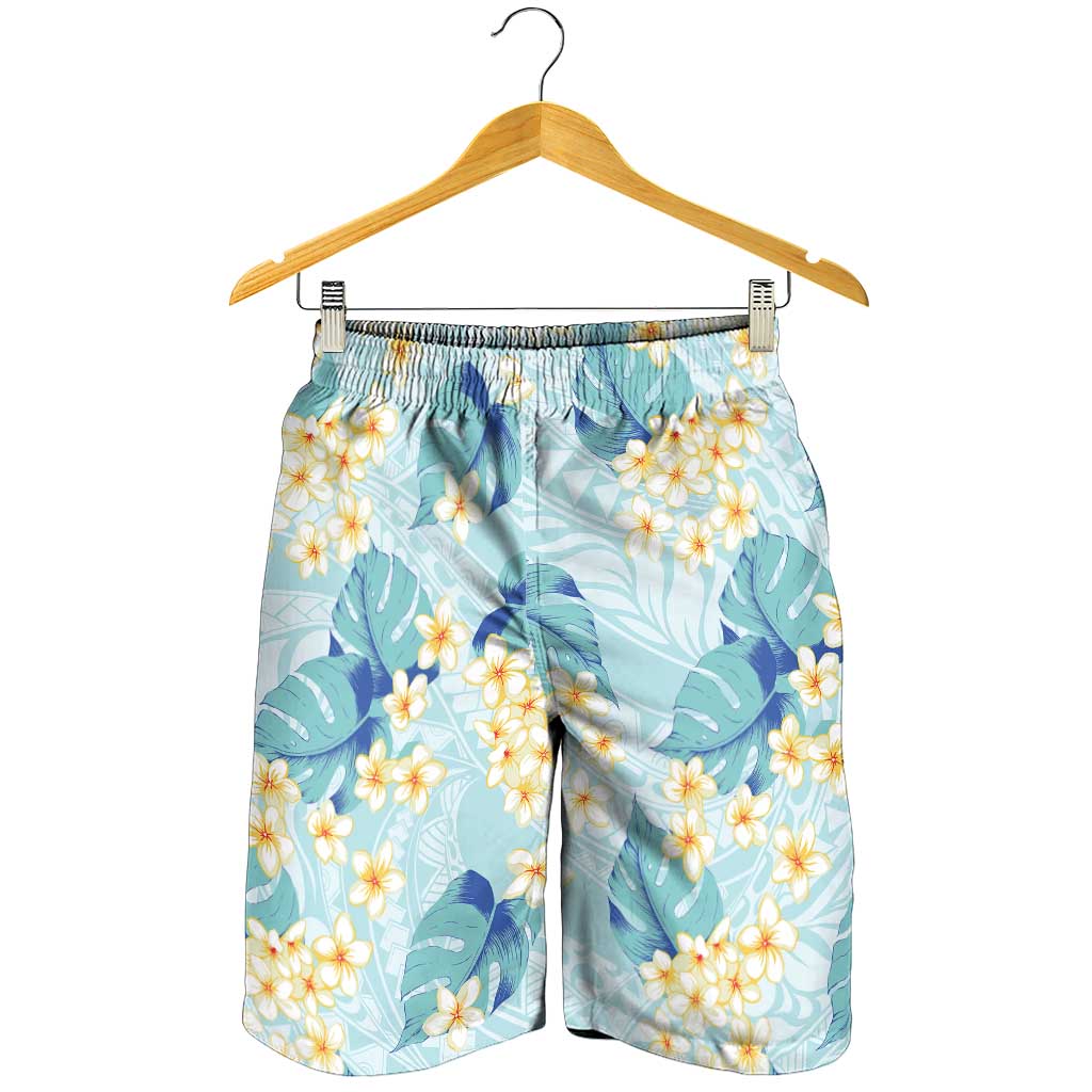 Pastel Cyan Tropical Hawaii Shorts for Men Seamless Monstera Plumeria Hawaiian Pattern - Polynesian Pride
