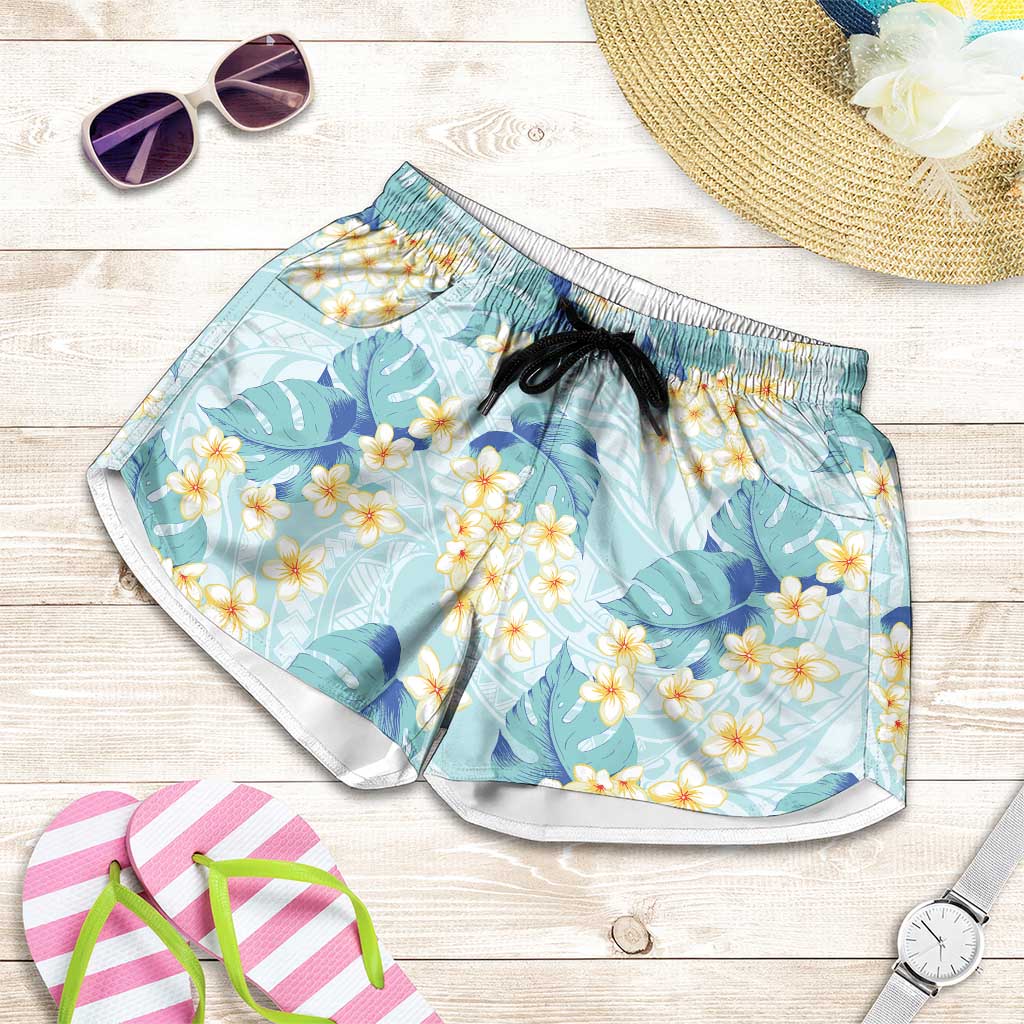 Pastel Cyan Tropical Hawaii Shorts for Women Seamless Monstera Plumeria Hawaiian Pattern - Polynesian Pride