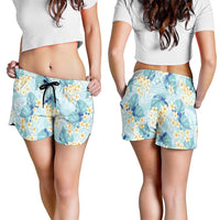 Pastel Cyan Tropical Hawaii Shorts for Women Seamless Monstera Plumeria Hawaiian Pattern - Polynesian Pride