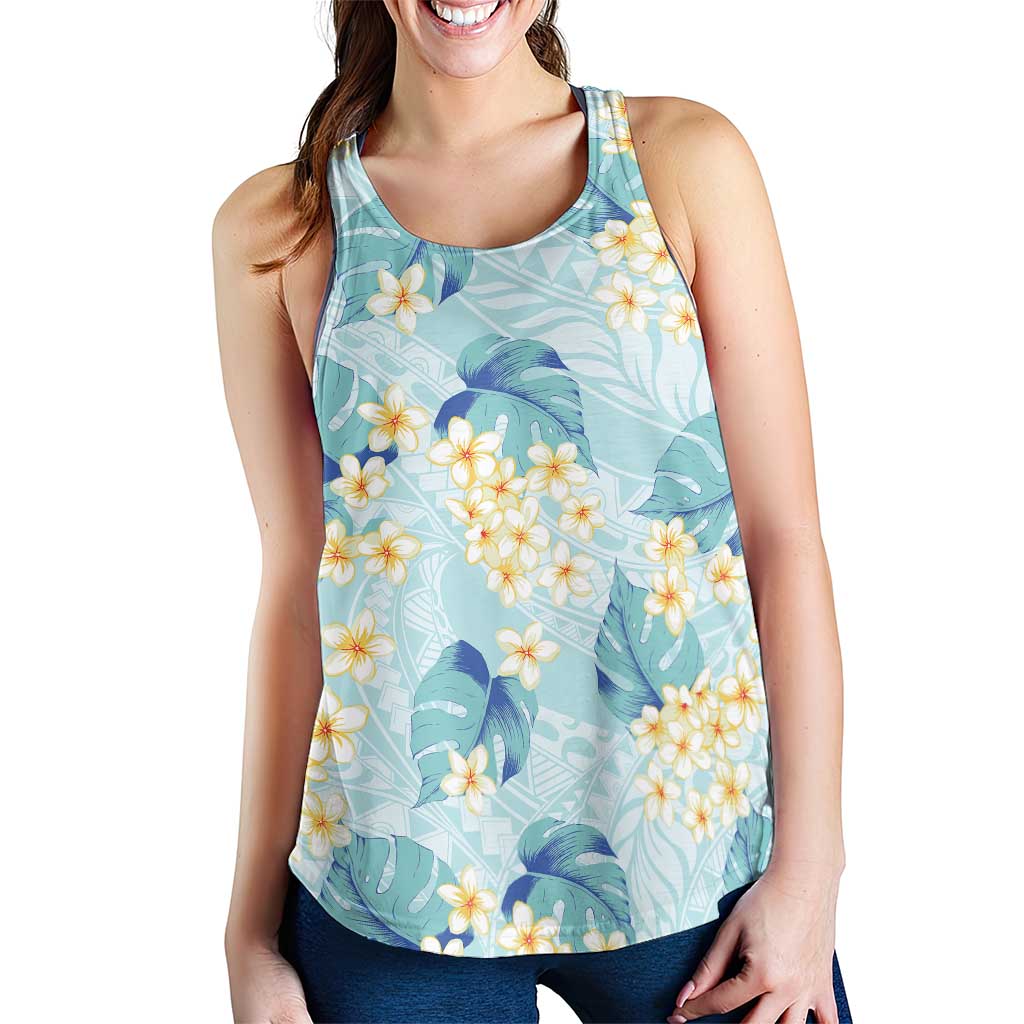 Pastel Cyan Tropical Hawaii Women Racerback Tank Seamless Monstera Plumeria Hawaiian Pattern - Polynesian Pride