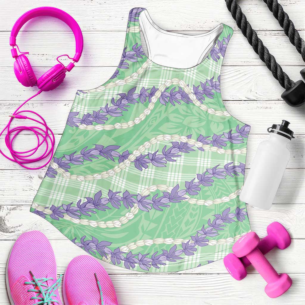 Pastel Green Hawaii Palaka Honohono Pikake Women Racerback Tank Hawaiian Orchid Lei Polynesian Pattern - Polynesian Pride