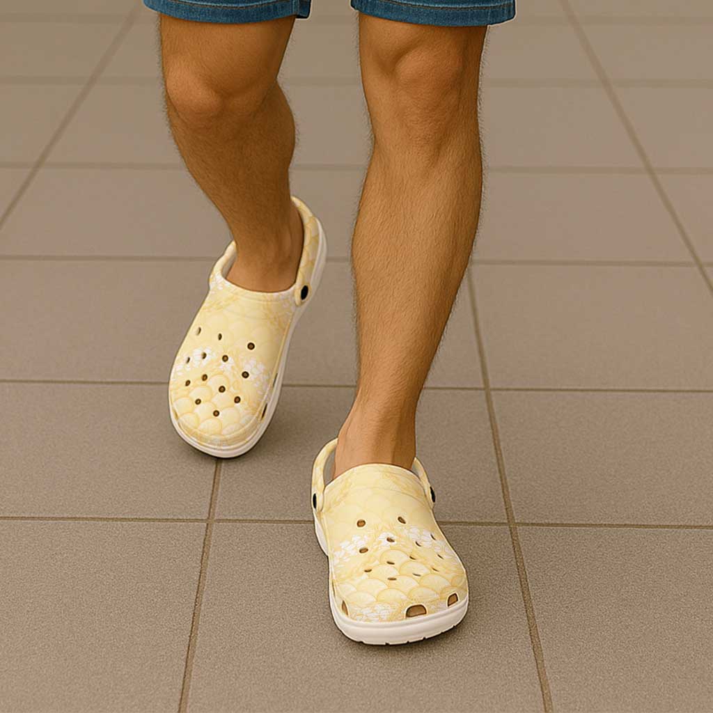 Pastel Yellow Mermaid Puakenikeni Maile Lei Clogs Shoes