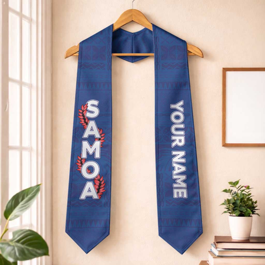 Personalised Samoa Graduation Stole Blue Siapo Pattern With Ula Fala
