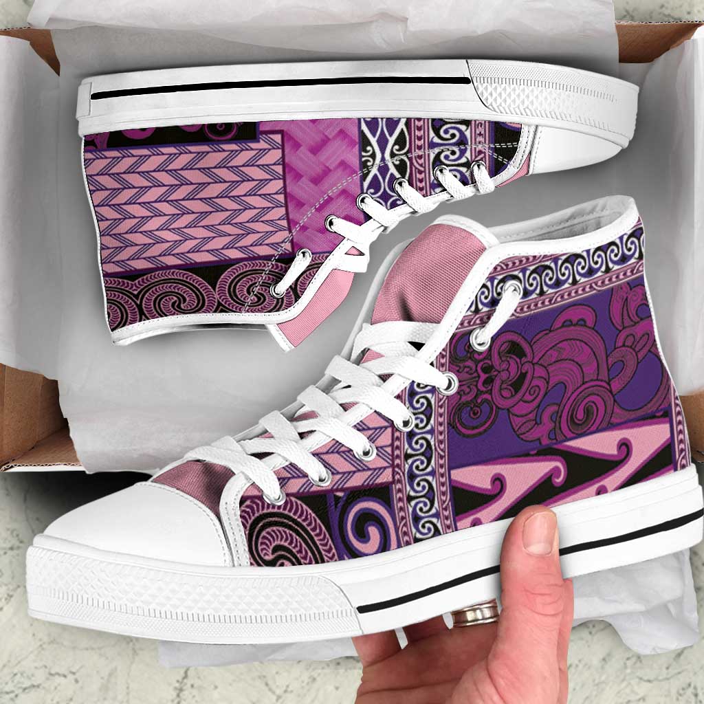 Pink Aotearoa Kowhaiwhai Pattern High Top Shoes NZ Maori Quilt Style - Polynesian Pride