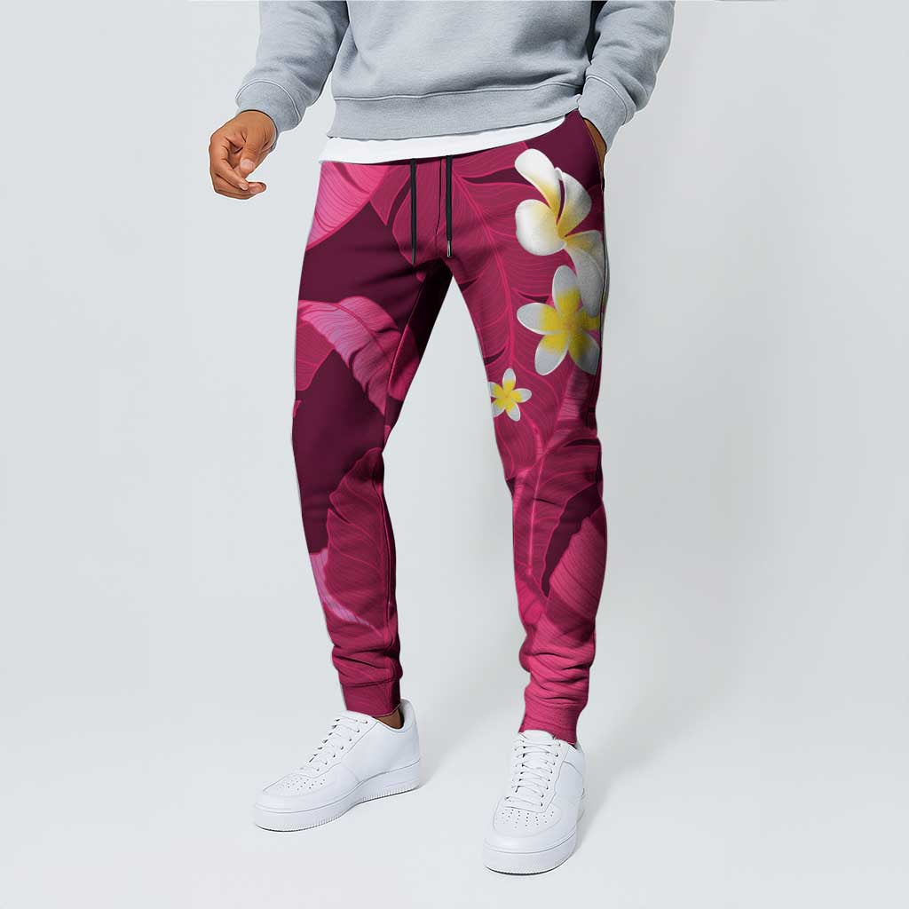 Pink Banana Leaf Hawaii Jogger Pants Lau Maia Plumeria Tropical Summer Vibes