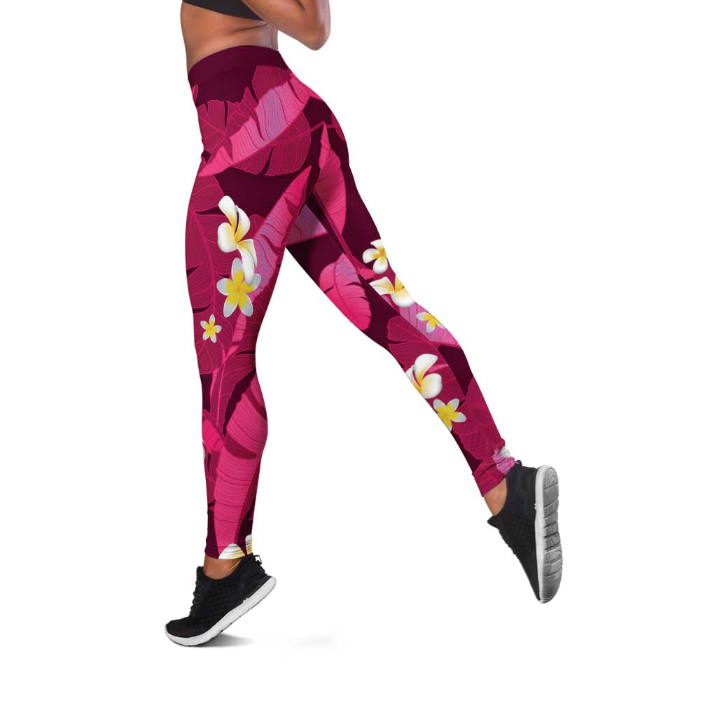 Pink Banana Leaf Hawaii Leggings Lau Maia Plumeria Tropical Summer Vibes