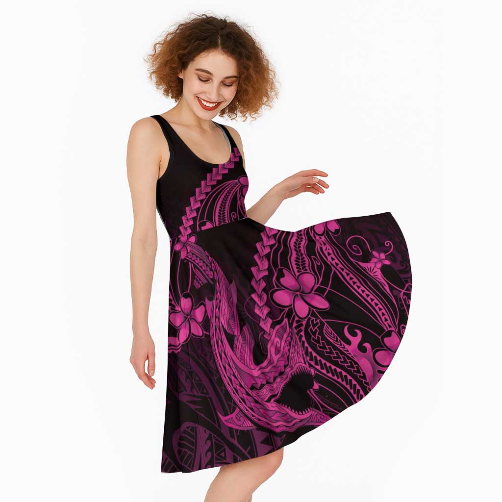 Pink Black Aloha Hawaii Midi Dress Polynesian Shark Tattoo With Plumeria - Polynesian Pride