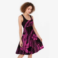 Pink Black Aloha Hawaii Midi Dress Polynesian Shark Tattoo With Plumeria - Polynesian Pride