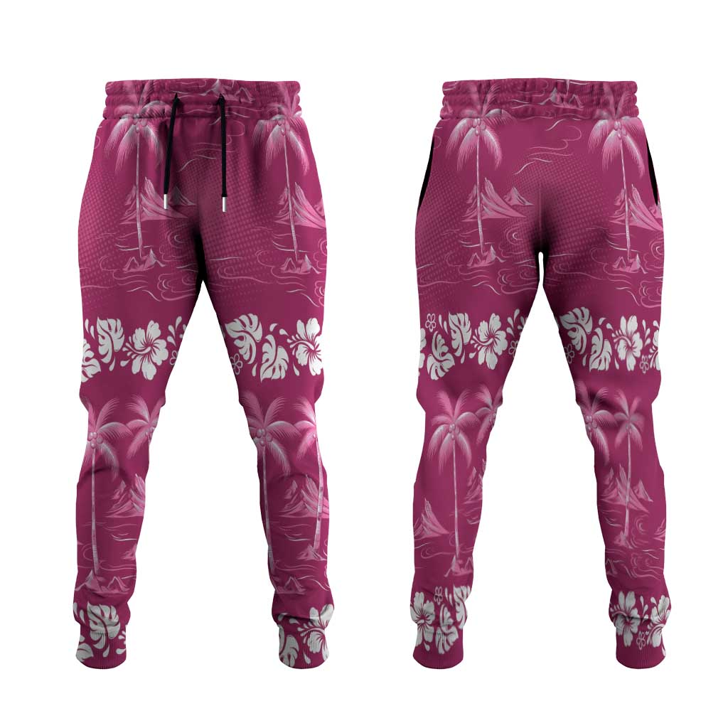 Pink Hawaii Palm Tree Hibiscus Jogger Pants Fantasy Summer Vibe LT01 Pink - Polynesian Pride