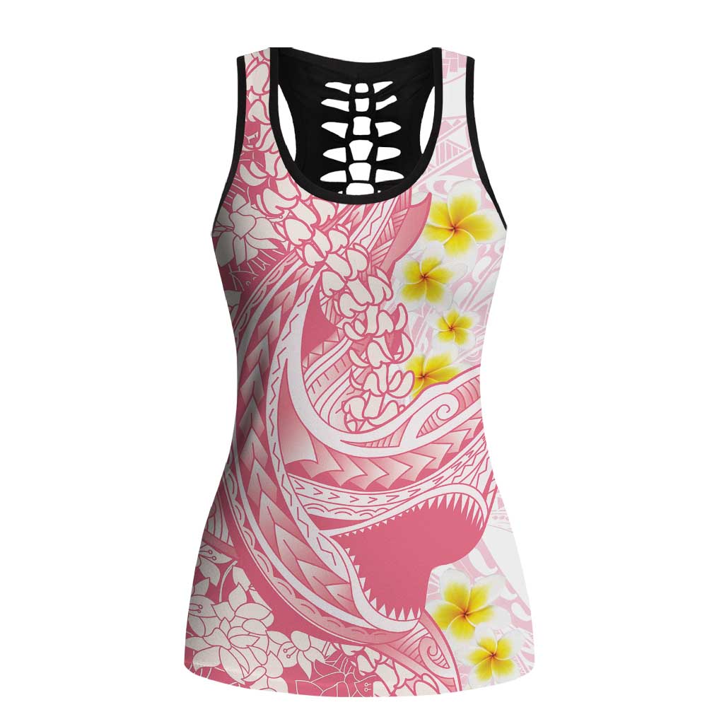Pink Hawaii Shark Tattoo Hollow Tank Top Puakenikeni Lei Plumeria Polynesian Pattern