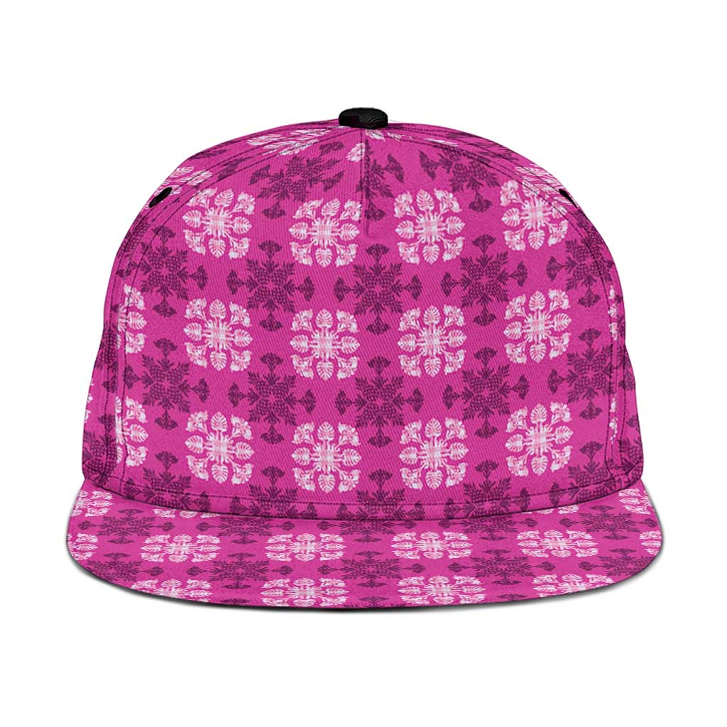 Pink Hawaiian Quilt Snapback Cap Hawaii Pineapple Monstera Palaka Motifs - Polynesian Pride