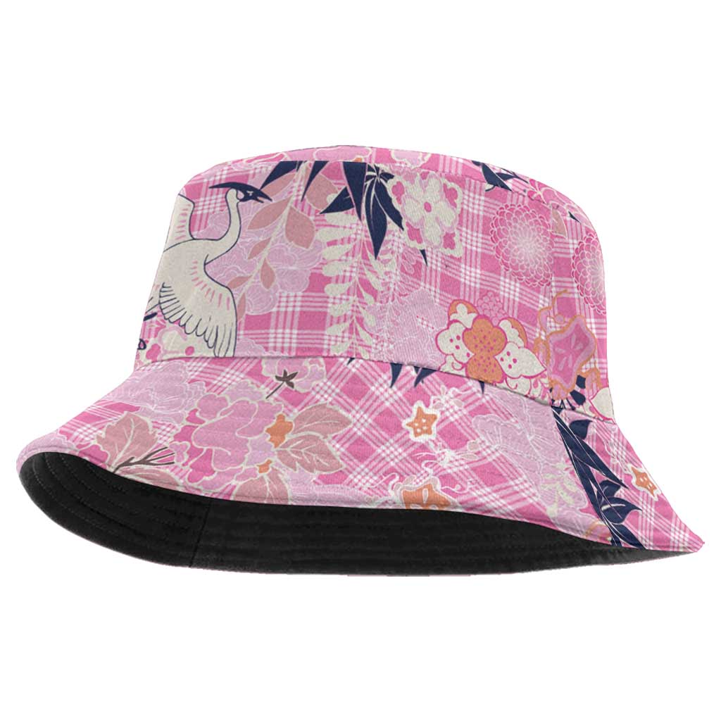 Pink Palaka Crane and Flowers Bucket Hat Japan Heritage Spirit - Polynesian Pride