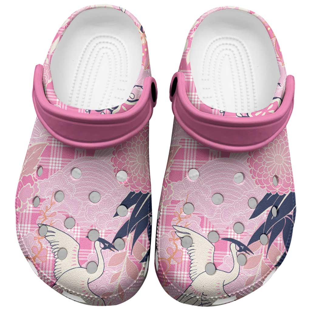 Pink Palaka Crane and Flowers Clogs Shoes Japan Heritage Spirit - Polynesian Pride