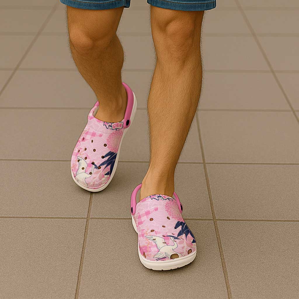 Pink Palaka Crane and Flowers Clogs Shoes Japan Heritage Spirit - Polynesian Pride