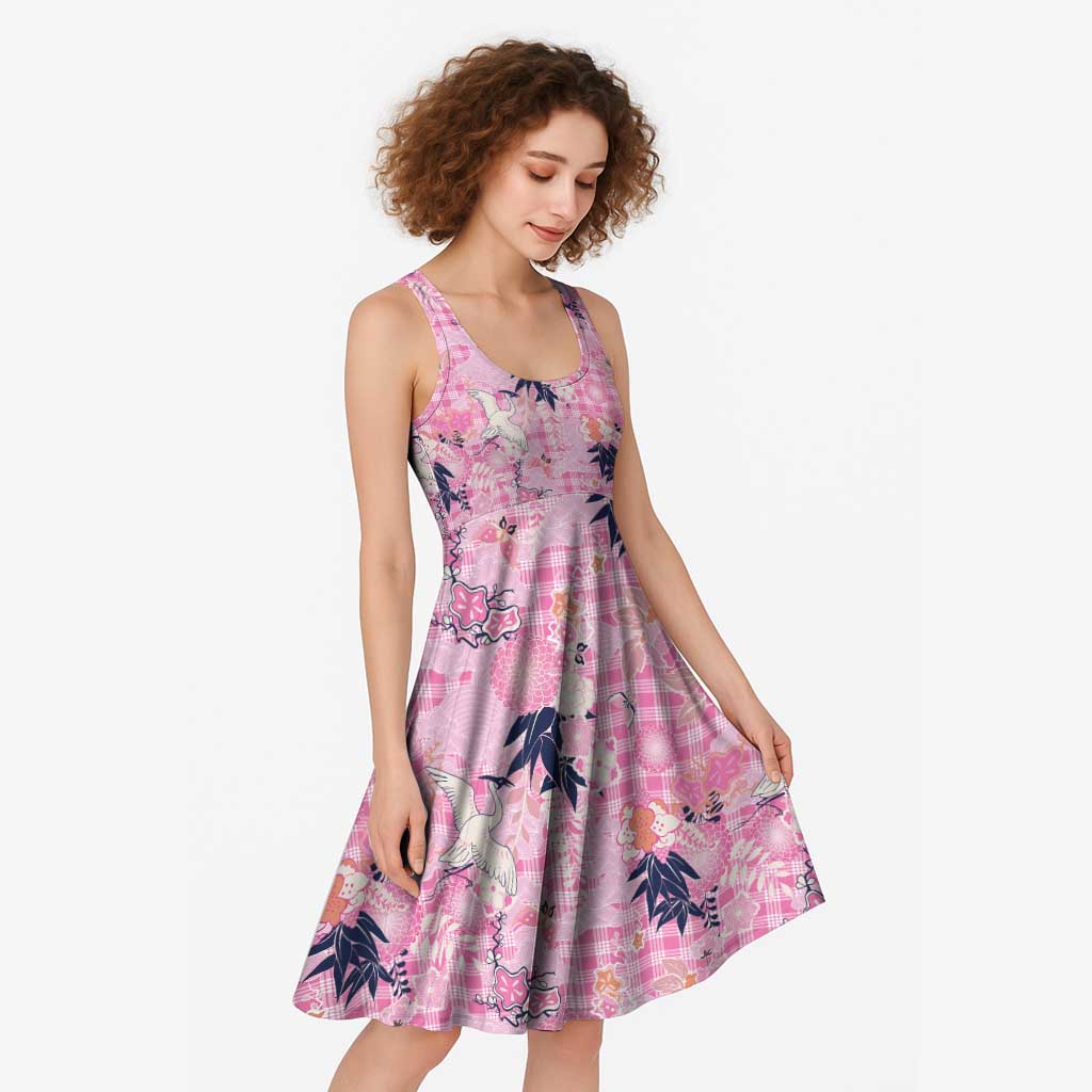Pink Palaka Crane and Flowers Midi Dress Japan Heritage Spirit - Polynesian Pride