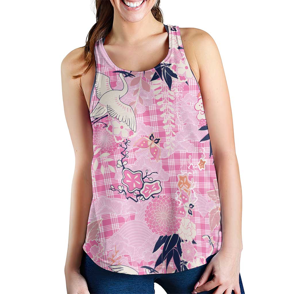 Pink Palaka Crane and Flowers Women Racerback Tank Japan Heritage Spirit - Polynesian Pride