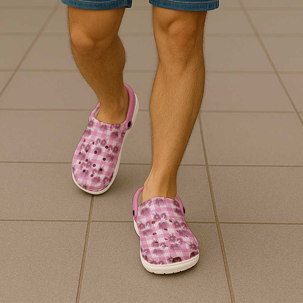 Pink Palaka Hawaii Clogs Shoes Hawaiian Lehua Blossoms