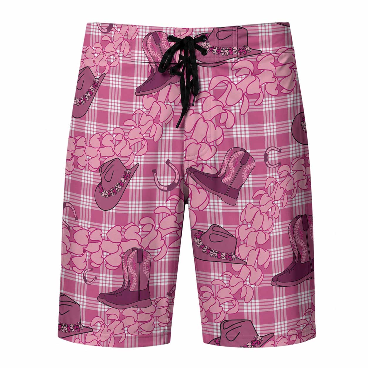 Pink Palaka Hawaii Cowboy Board Shorts Puakenikeni Lei Paniolo Papale Seamless Vibes