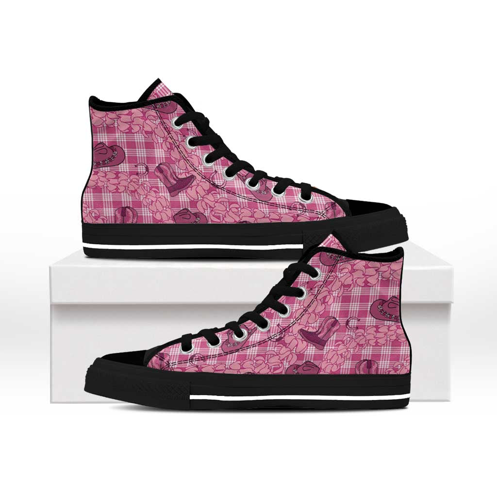 Pink Palaka Hawaii Cowboy High Top Shoes Puakenikeni Lei Paniolo Papale Seamless Vibes - Polynesian Pride