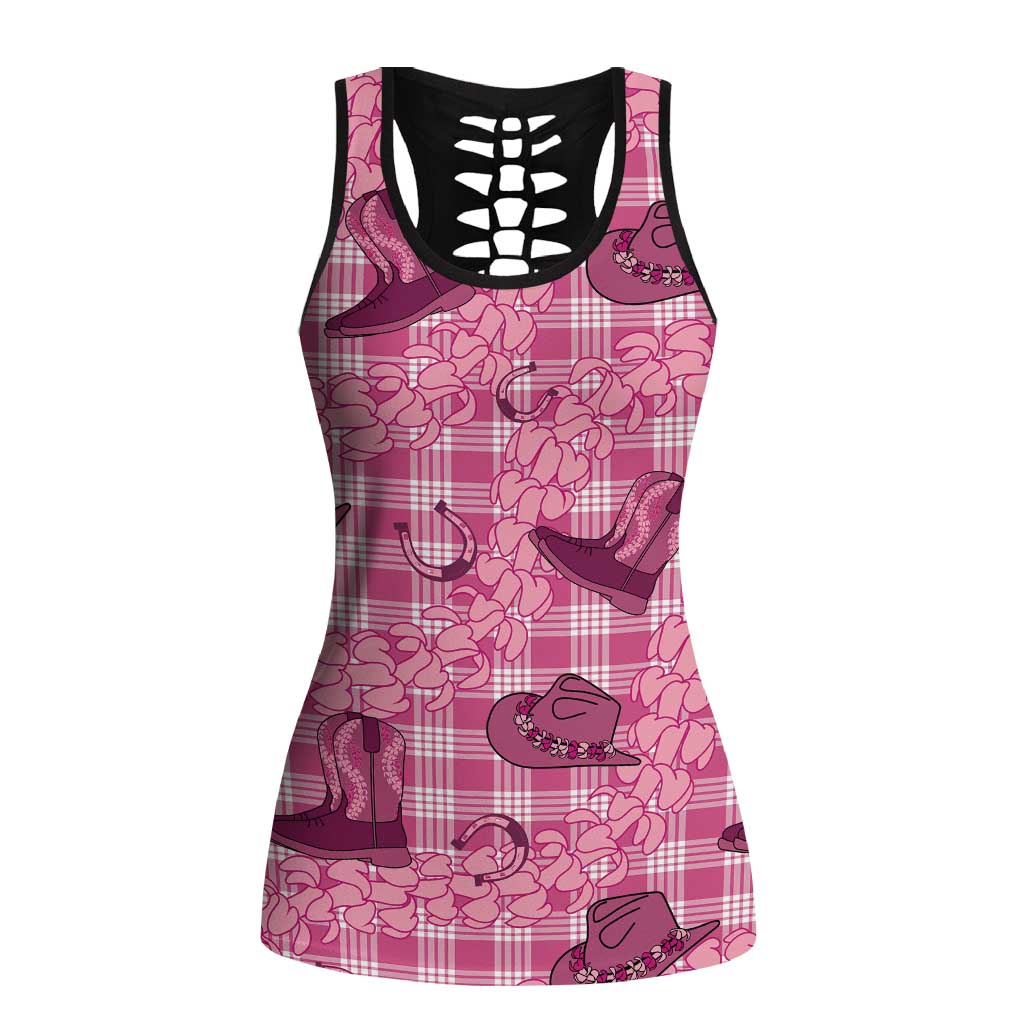 Pink Palaka Hawaii Cowboy Hollow Tank Top Puakenikeni Lei Paniolo Papale Seamless Vibes - Polynesian Pride