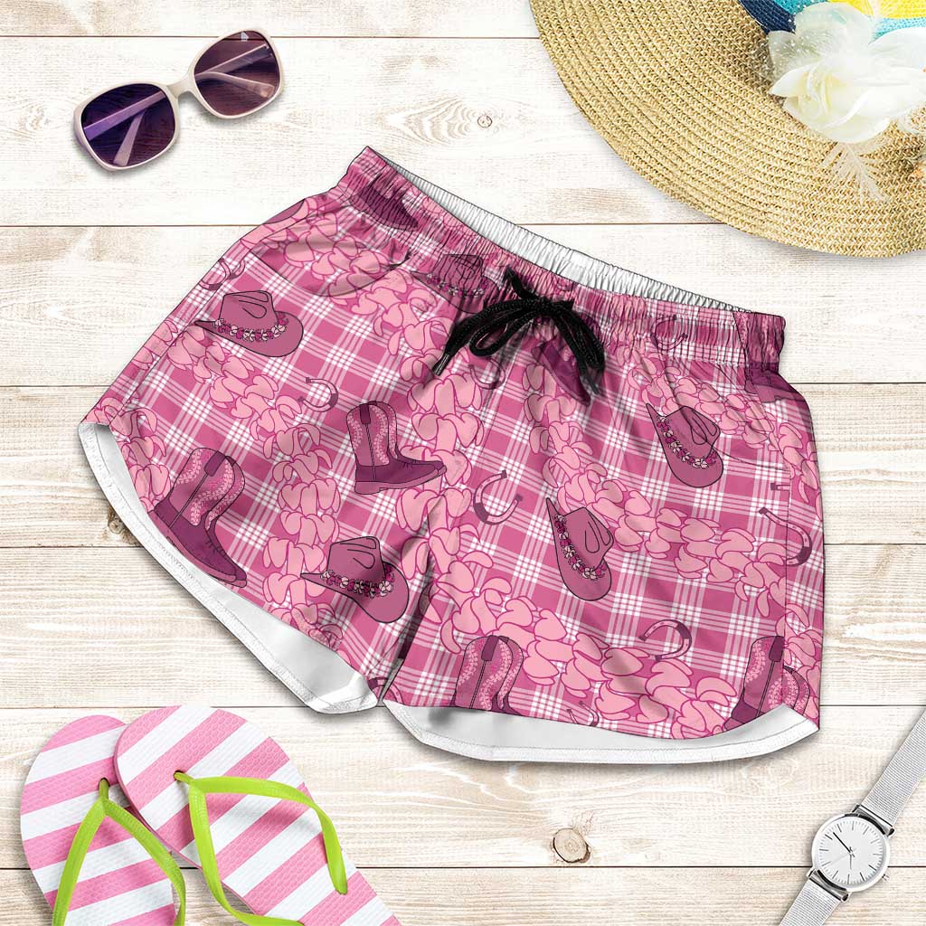 Pink Palaka Hawaii Cowboy Shorts for Women Puakenikeni Lei Paniolo Papale Seamless Vibes - Polynesian Pride