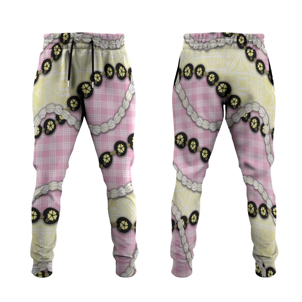 Pink Palaka Hawaii Jogger Pants Kukui Nut Pikake Lei Hawaiian Tapa Pattern - Polynesian Pride