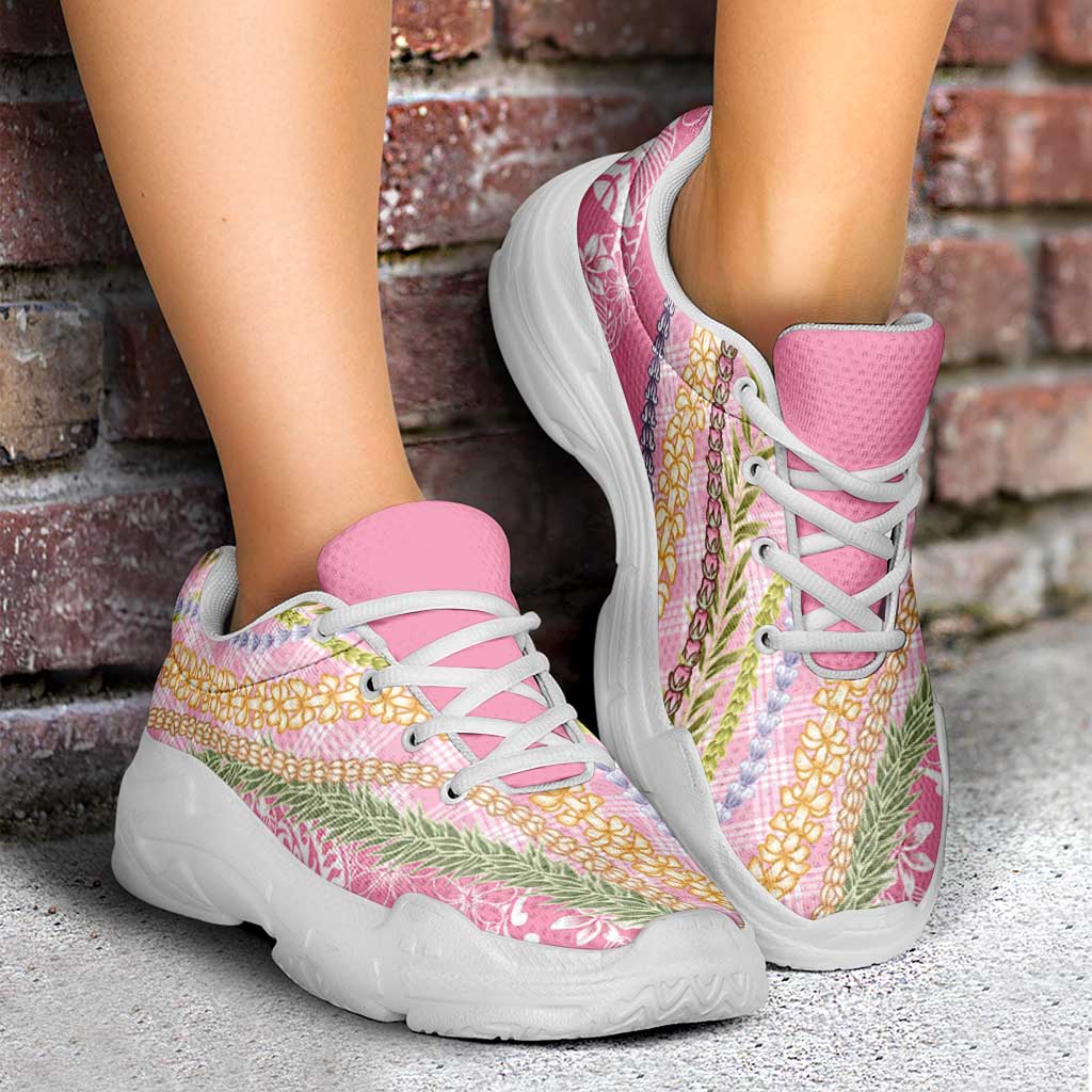Pink Palaka Hawaii Leis Chunky Sneakers Hawaiian-plaid Elegant Tropical Vibes
