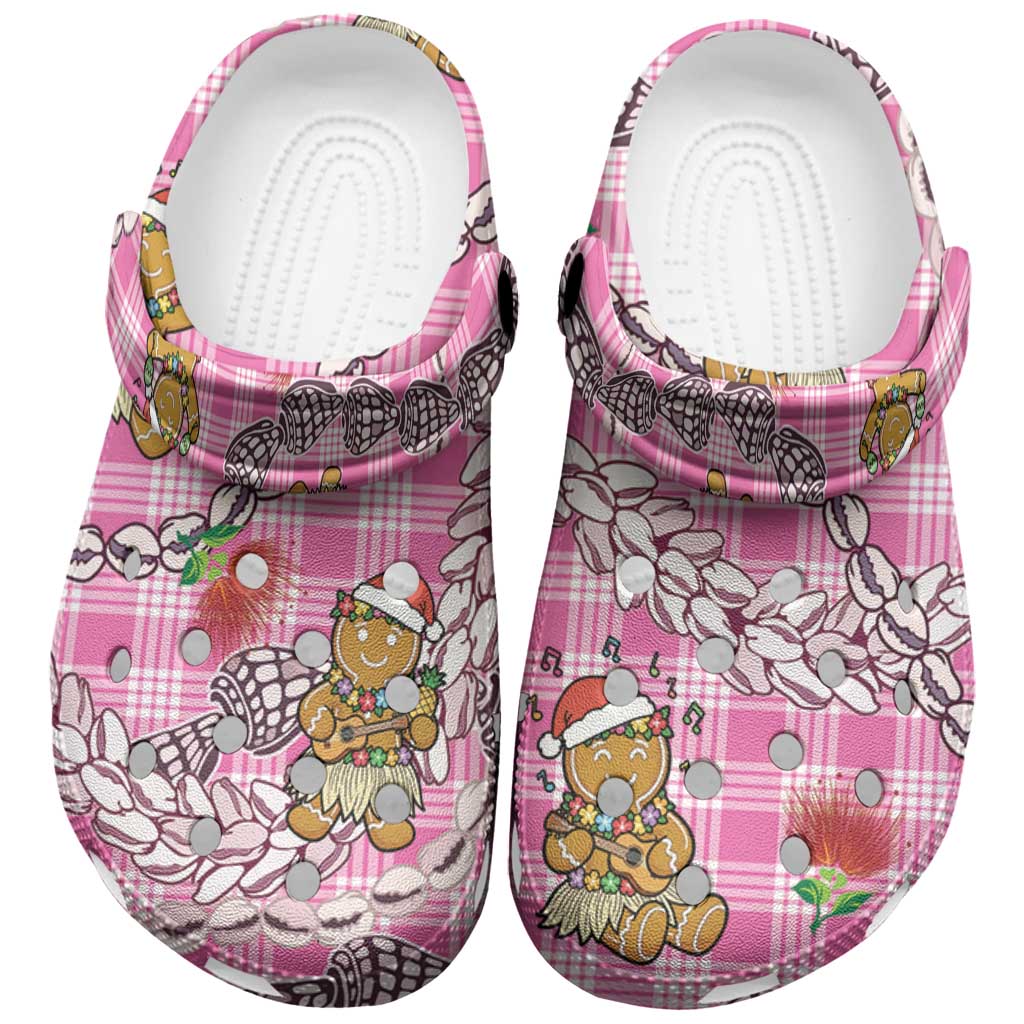 Pink Palaka Hawaii Mele Kalikimaka Clogs Shoes Ohia Lehua Shell Leis Funny Gingerbread Santa - Polynesian Pride