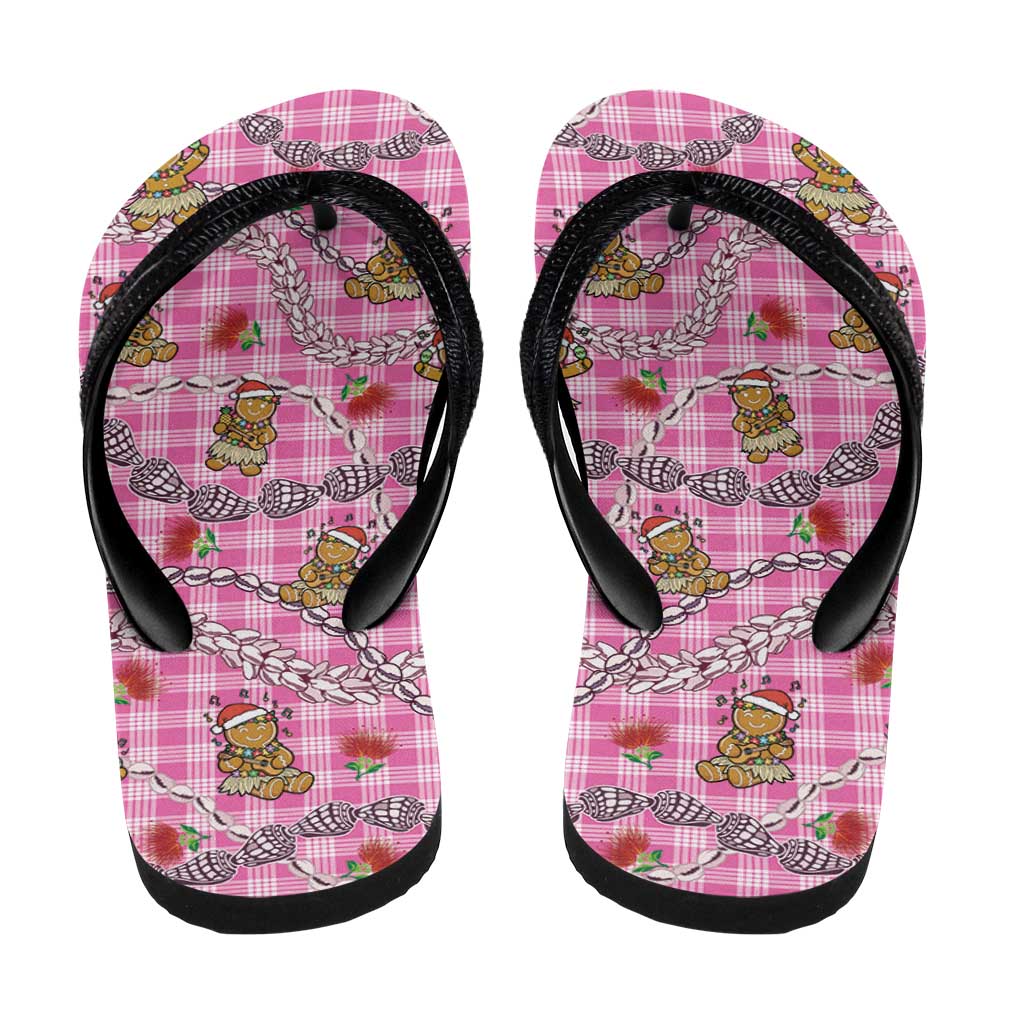 Pink Palaka Hawaii Mele Kalikimaka Flip Flops Ohia Lehua Shell Leis Funny Gingerbread Santa - Polynesian Pride