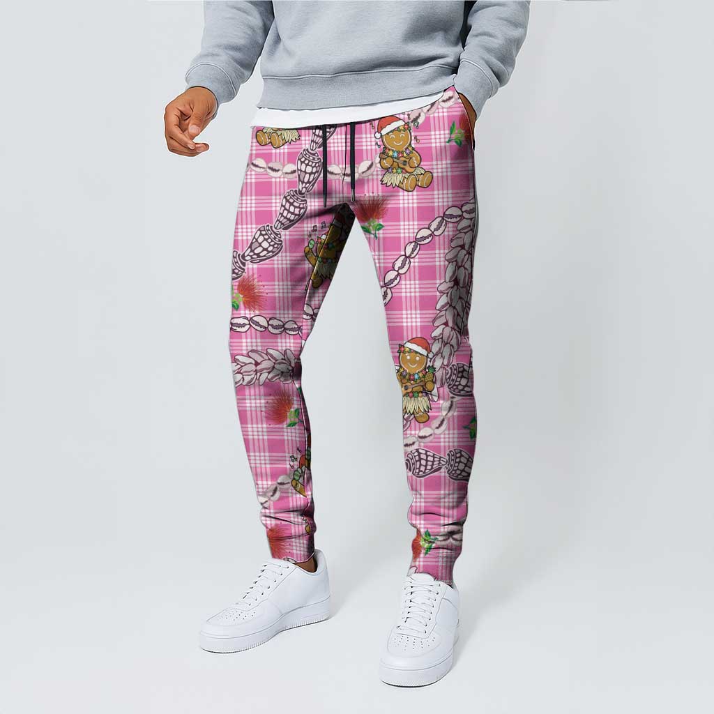 Pink Palaka Hawaii Mele Kalikimaka Jogger Pants Ohia Lehua Shell Leis Funny Gingerbread Santa - Polynesian Pride