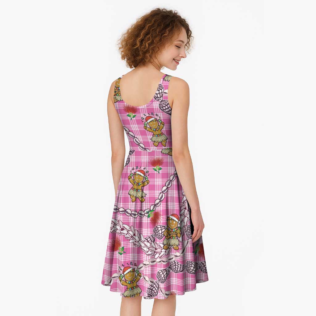 Pink Palaka Hawaii Mele Kalikimaka Midi Dress Ohia Lehua Shell Leis Funny Gingerbread Santa - Polynesian Pride