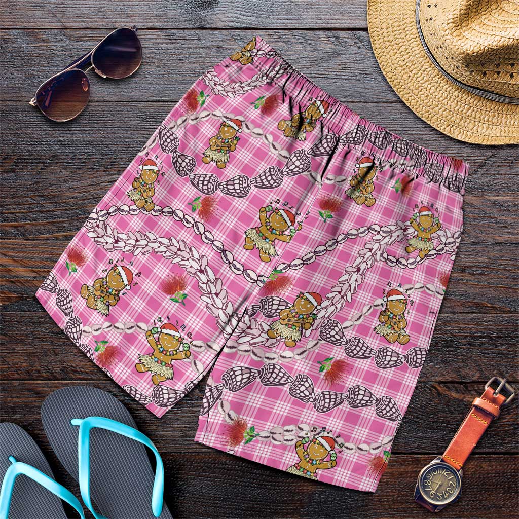 Pink Palaka Hawaii Mele Kalikimaka Shorts for Men Ohia Lehua Shell Leis Funny Gingerbread Santa - Polynesian Pride