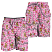 Pink Palaka Hawaii Mele Kalikimaka Shorts for Men Ohia Lehua Shell Leis Funny Gingerbread Santa - Polynesian Pride
