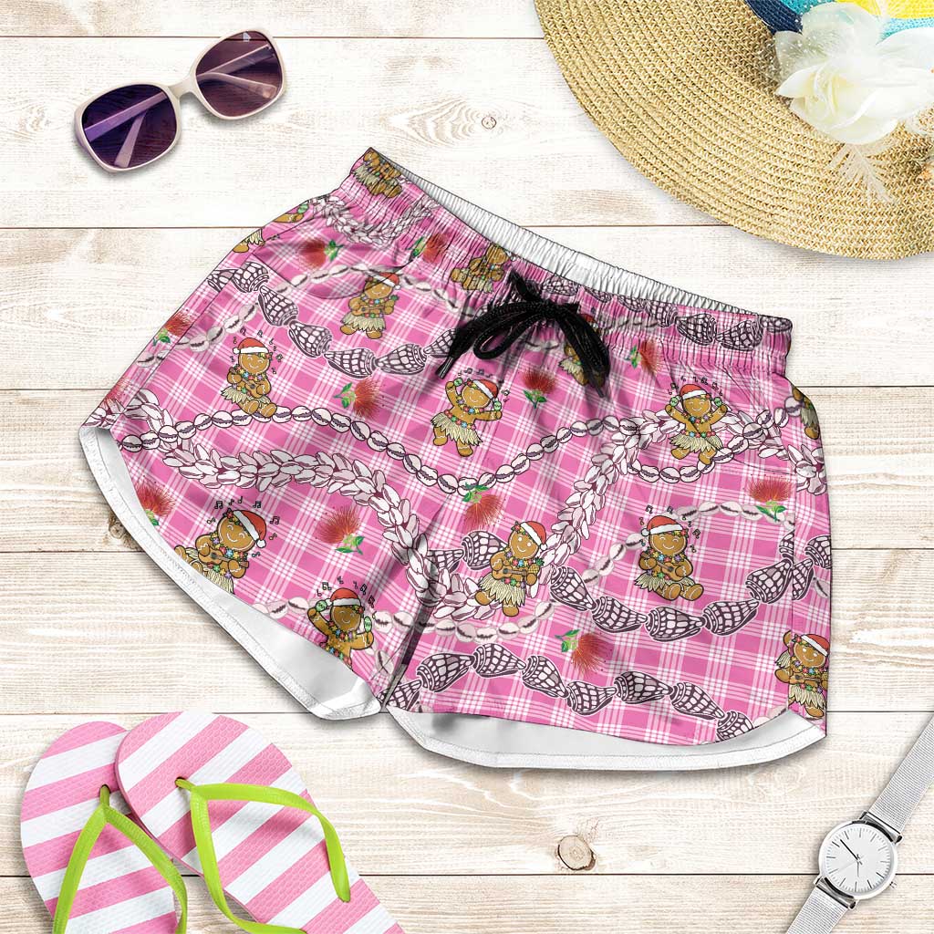 Pink Palaka Hawaii Mele Kalikimaka Shorts for Women Ohia Lehua Shell Leis Funny Gingerbread Santa - Polynesian Pride