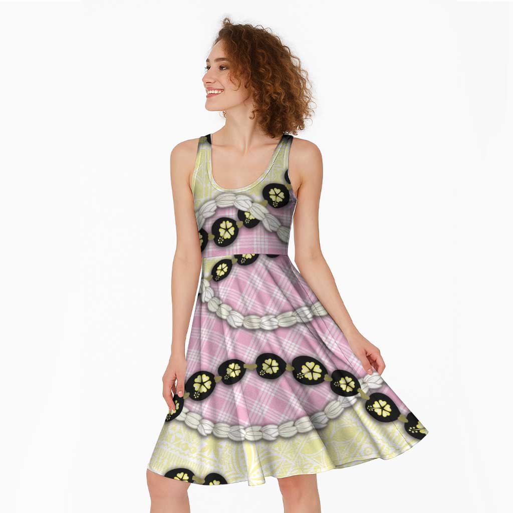 Pink Palaka Hawaii Midi Dress Kukui Nut Pikake Lei Hawaiian Tapa Pattern - Polynesian Pride