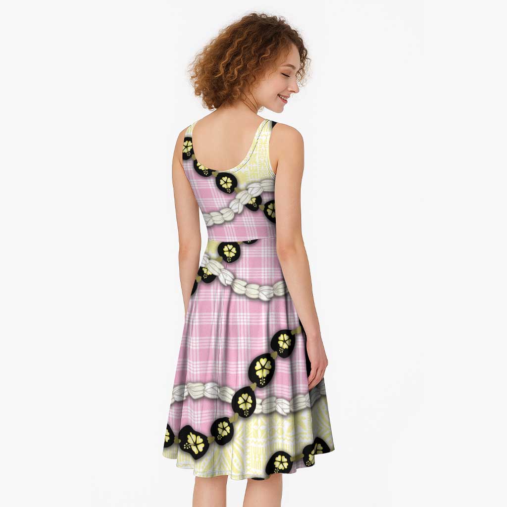 Pink Palaka Hawaii Midi Dress Kukui Nut Pikake Lei Hawaiian Tapa Pattern - Polynesian Pride