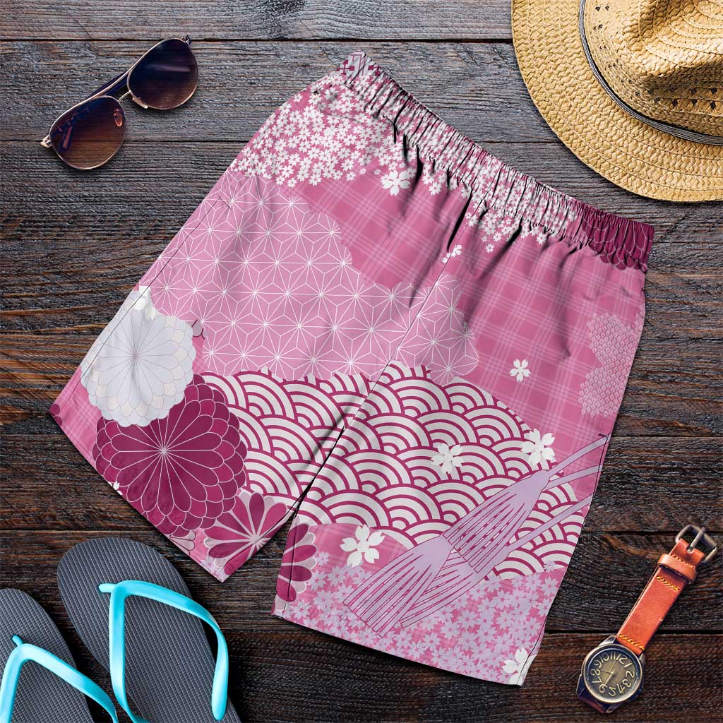 Pink Palaka Japanese Traditional Shorts for Men Asanoha Seigaiha Sakura Motif - Polynesian Pride