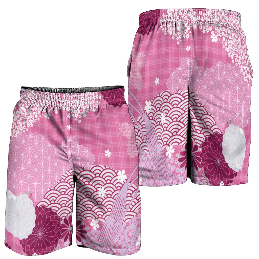 Pink Palaka Japanese Traditional Shorts for Men Asanoha Seigaiha Sakura Motif - Polynesian Pride