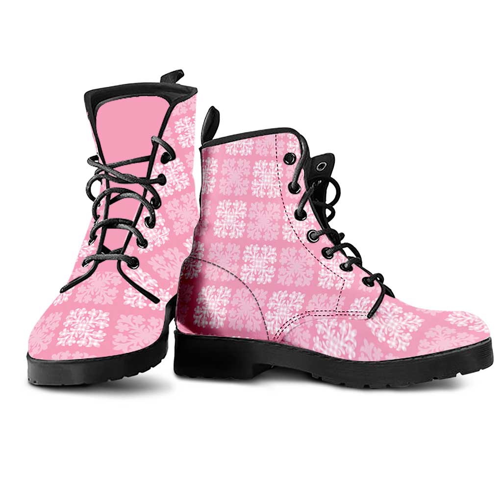 Pink Palaka Quilt Hawaii Leather Boots Traditional Hawaii-plaid Pattern - Polynesian Pride