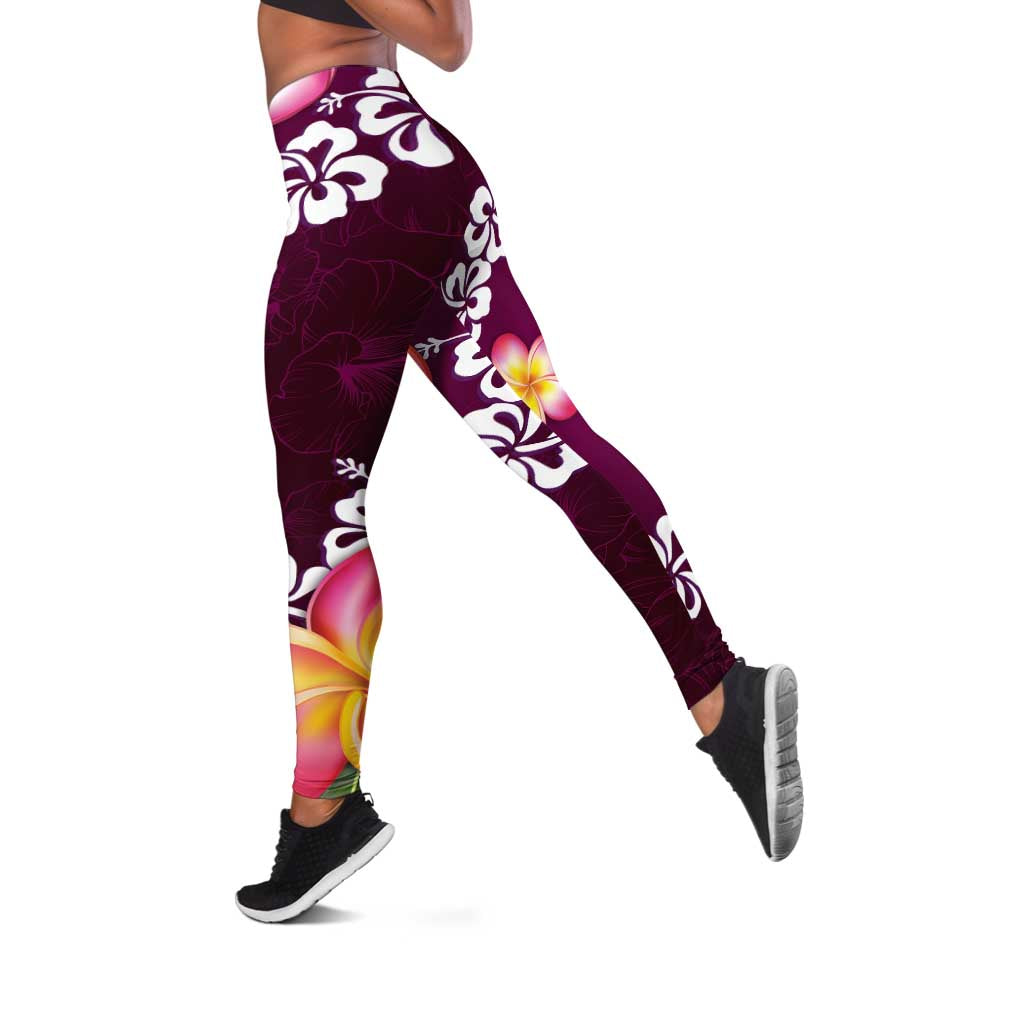 Pink Polynesia Leggings Plumeria With Hibiscus Pattern Tropical Vibes - Polynesian Pride