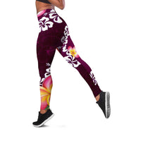 Pink Polynesia Leggings Plumeria With Hibiscus Pattern Tropical Vibes - Polynesian Pride