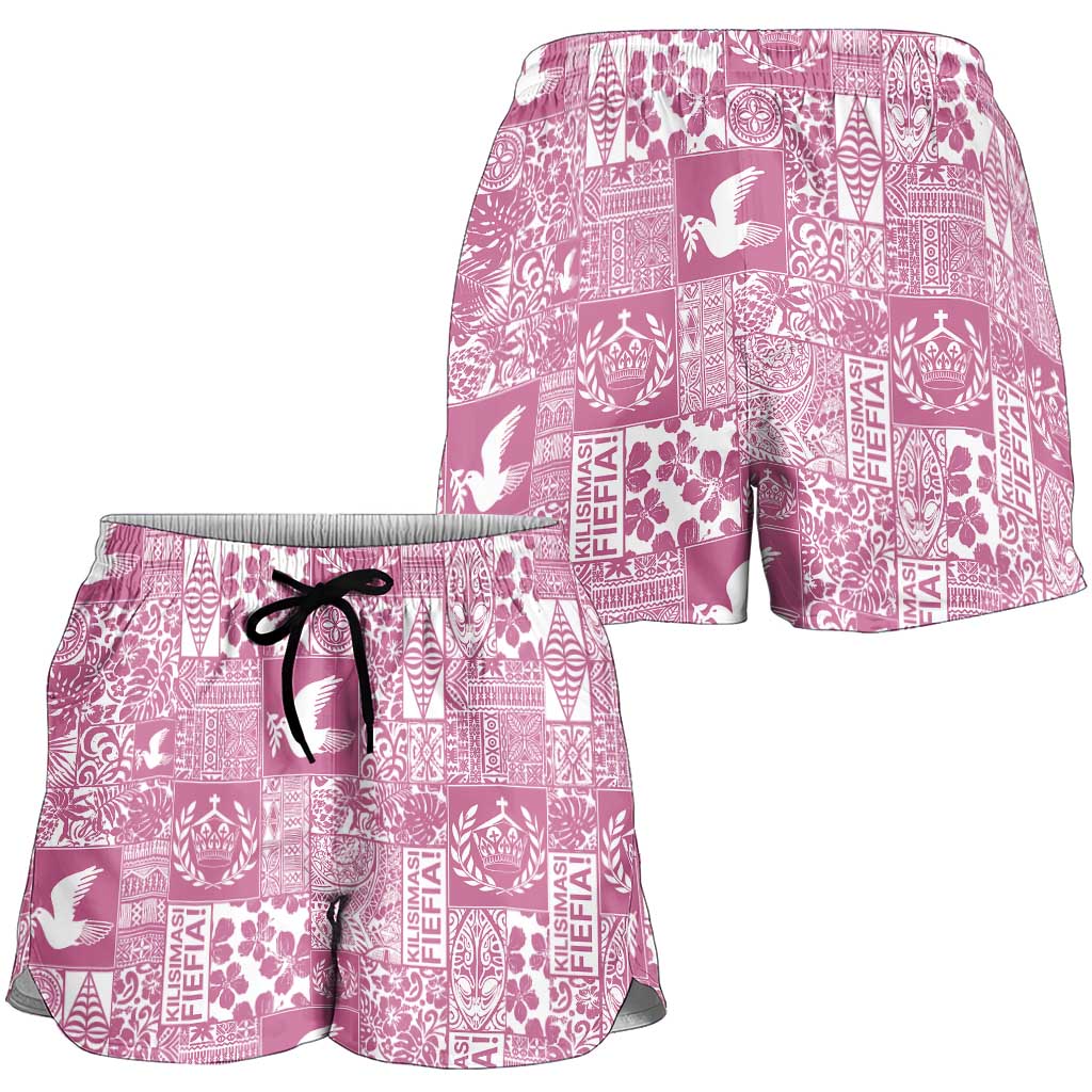 Pink Tonga Kilisimasi Fiefia Shorts for Women Pacific Patchwork Xmas Vibes - Polynesian Pride