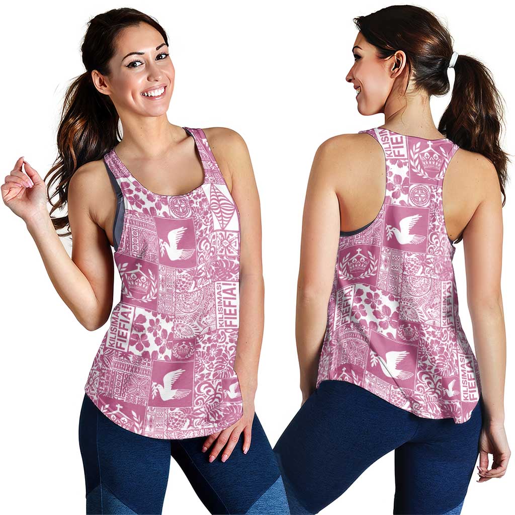 Pink Tonga Kilisimasi Fiefia Women Racerback Tank Pacific Patchwork Xmas Vibes - Polynesian Pride