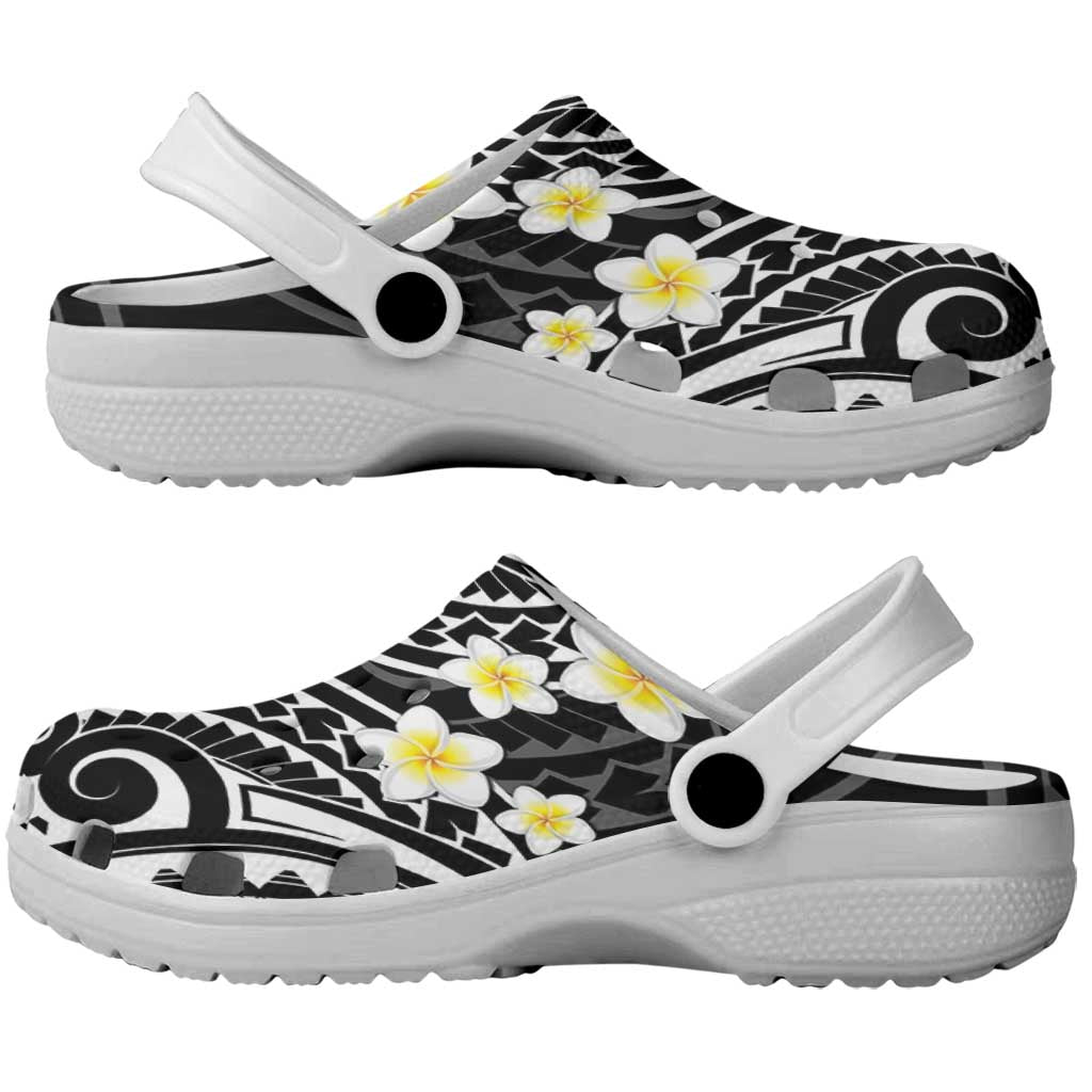 Plumeria With Black Polynesian Tattoo Pattern Clogs Shoes - Polynesian Pride