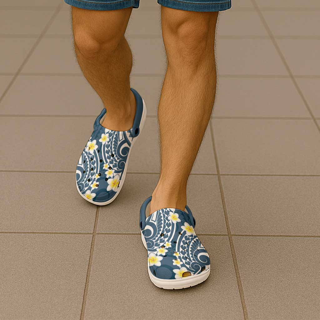 Plumeria With Blue Polynesian Tattoo Pattern Clogs Shoes - Polynesian Pride