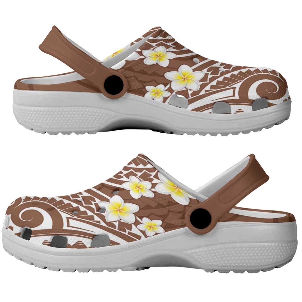 Plumeria With Brown Polynesian Tattoo Pattern Clogs Shoes - Polynesian Pride